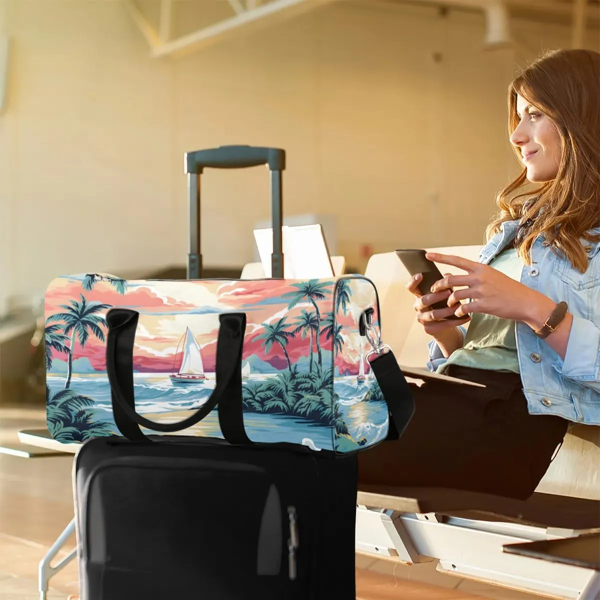 Tropical Beach Travel Duffel Bag for Women Men Waterproof Foldable Overnight Weekender Bag Large Capacity Sports Gym Bag