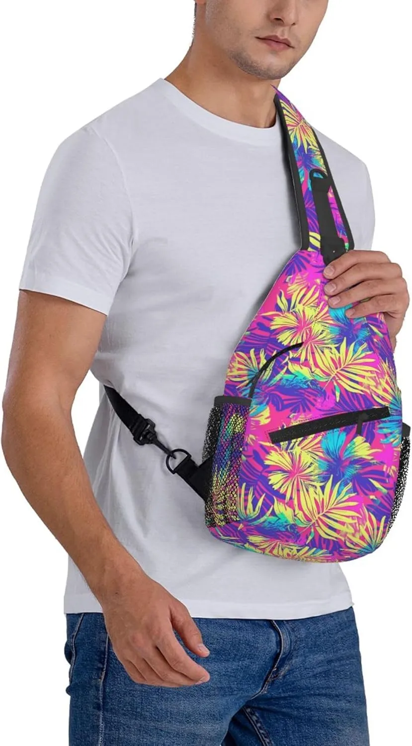 Tropical Hawaii Neon Palm Leav Crossbody bags for women Men Sling Bag Travel Chest Backpack Leisure Sports Outdoor Running Hiking