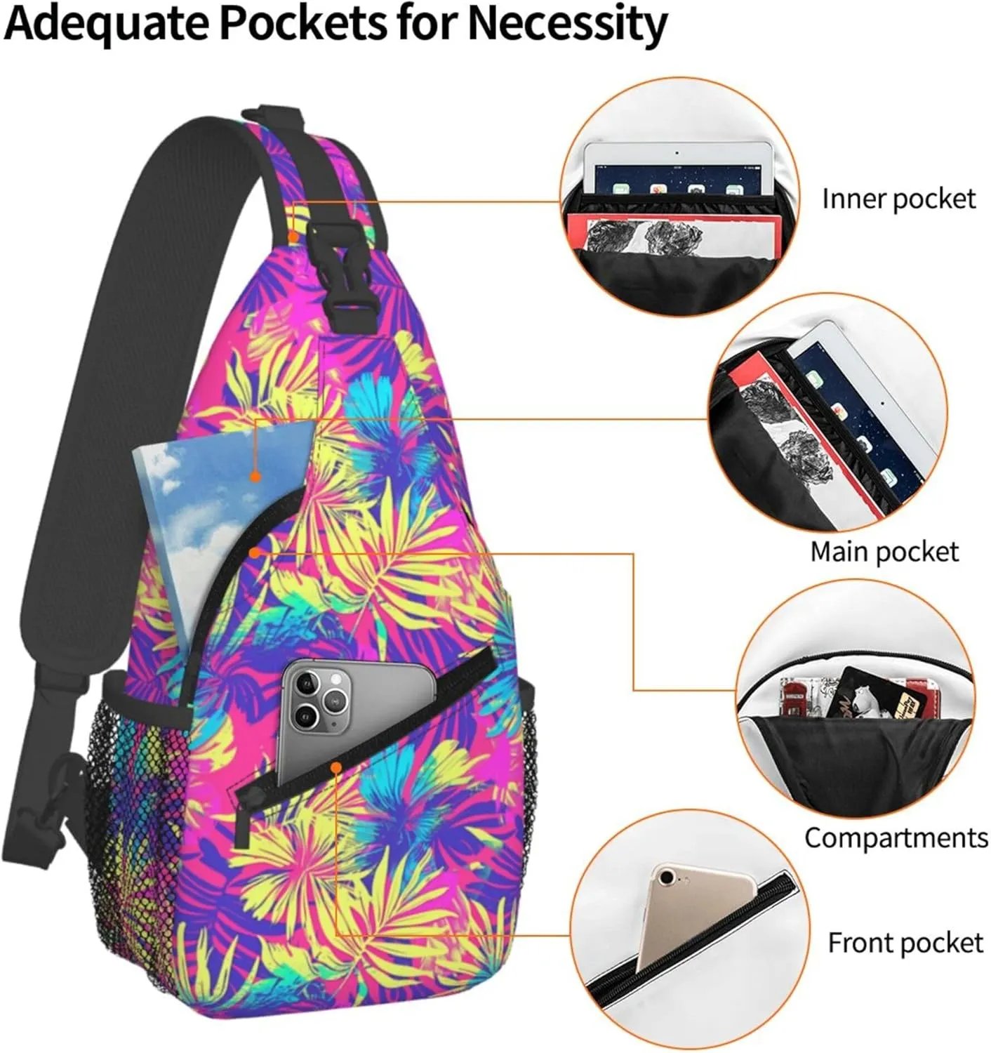 Tropical Hawaii Neon Palm Leav Crossbody bags for women Men Sling Bag Travel Chest Backpack Leisure Sports Outdoor Running Hiking