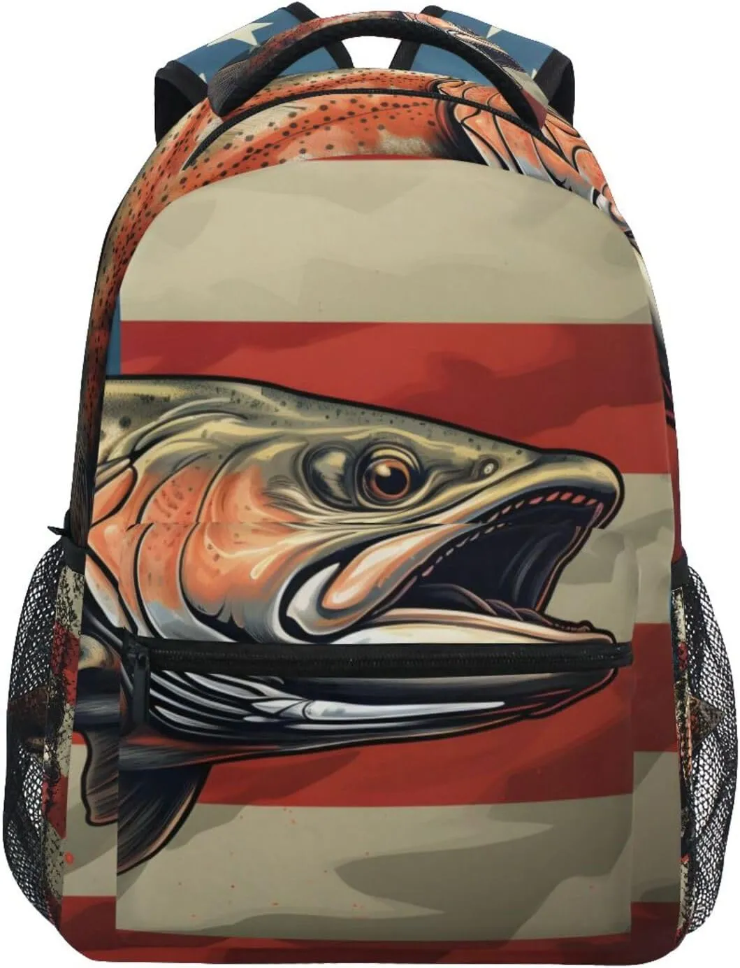 Trout American Flag Retro Backpack Daypack Shoulder Bag Book Bag Lightweight Back Pack 11.4 ×16 In