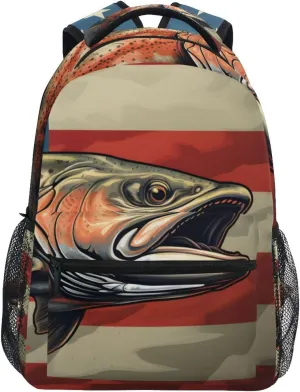 Trout American Flag Retro Backpack Daypack Shoulder Bag Book Bag Lightweight Back Pack 11.4 ×16 In