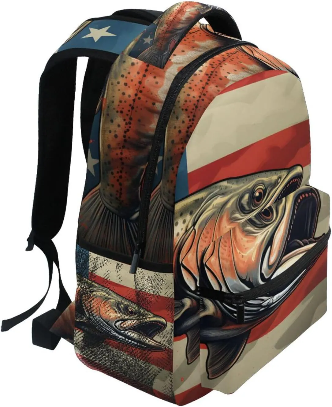 Trout American Flag Retro Backpack Daypack Shoulder Bag Book Bag Lightweight Back Pack 11.4 ×16 In