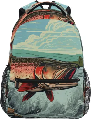 Trout Vintage River Backpack Daypack Shoulder Bag Book Bag Lightweight Back Pack 11.4 ×16 In