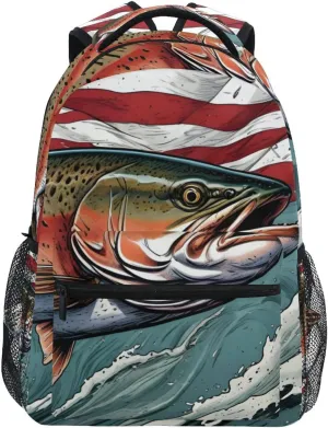 Trout Vintage Wave Flag Backpack Daypack Shoulder Bag Book Bag Lightweight Back Pack 11.4 ×16 In