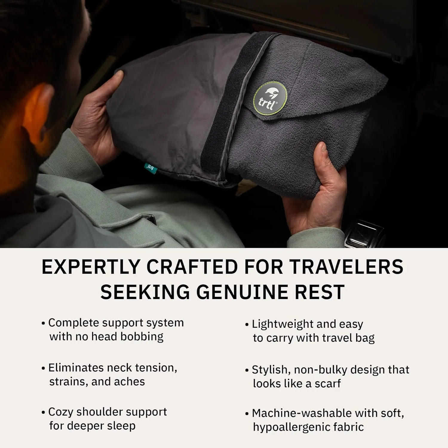 trtl Travel and Airplane Pillow - Real Sleeping Experience on Long Flights - Neck and Shoulder Support - Super-Soft, Lightweight, Easy-to-Carry, and Machine-Washable Flight Pillow - Grey