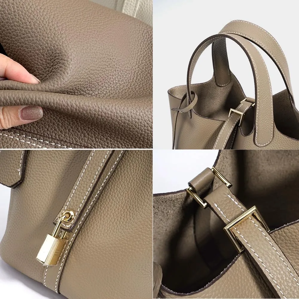 Trumpet Women's Handbag, Genuine Leather Lock Design Bucket Bag Vegetable Basket, Leather Lychee Pattern2025