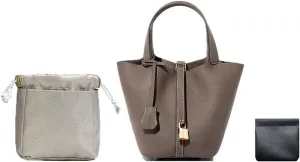 Trumpet Women's Handbag, Genuine Leather Lock Design Bucket Bag Vegetable Basket, Leather Lychee Pattern2025