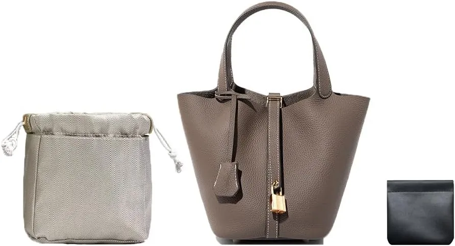 Trumpet Women's Handbag, Genuine Leather Lock Design Bucket Bag Vegetable Basket, Leather Lychee Pattern2025