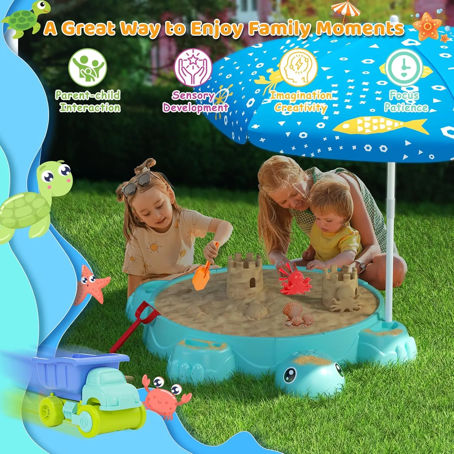 Turtle Sandbox with Lid & Adjustable Umbrella, Kids Sand Box with Sand Molds and Shovels Set for Sensory Play, Toddler Outdoor Indoor Toys for Boys Girls Ages 3  (Blue)
