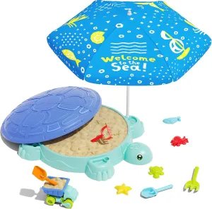 Turtle Sandbox with Lid & Adjustable Umbrella, Kids Sand Box with Sand Molds and Shovels Set for Sensory Play, Toddler Outdoor Indoor Toys for Boys Girls Ages 3  (Blue)