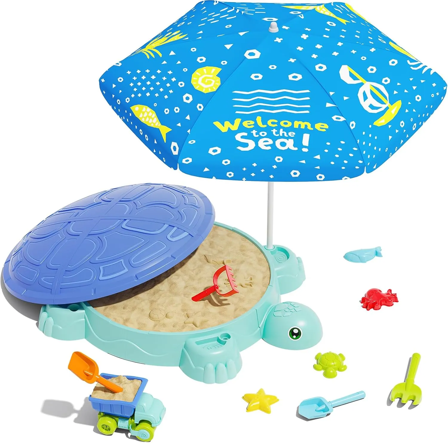 Turtle Sandbox with Lid & Adjustable Umbrella, Kids Sand Box with Sand Molds and Shovels Set for Sensory Play, Toddler Outdoor Indoor Toys for Boys Girls Ages 3  (Blue)