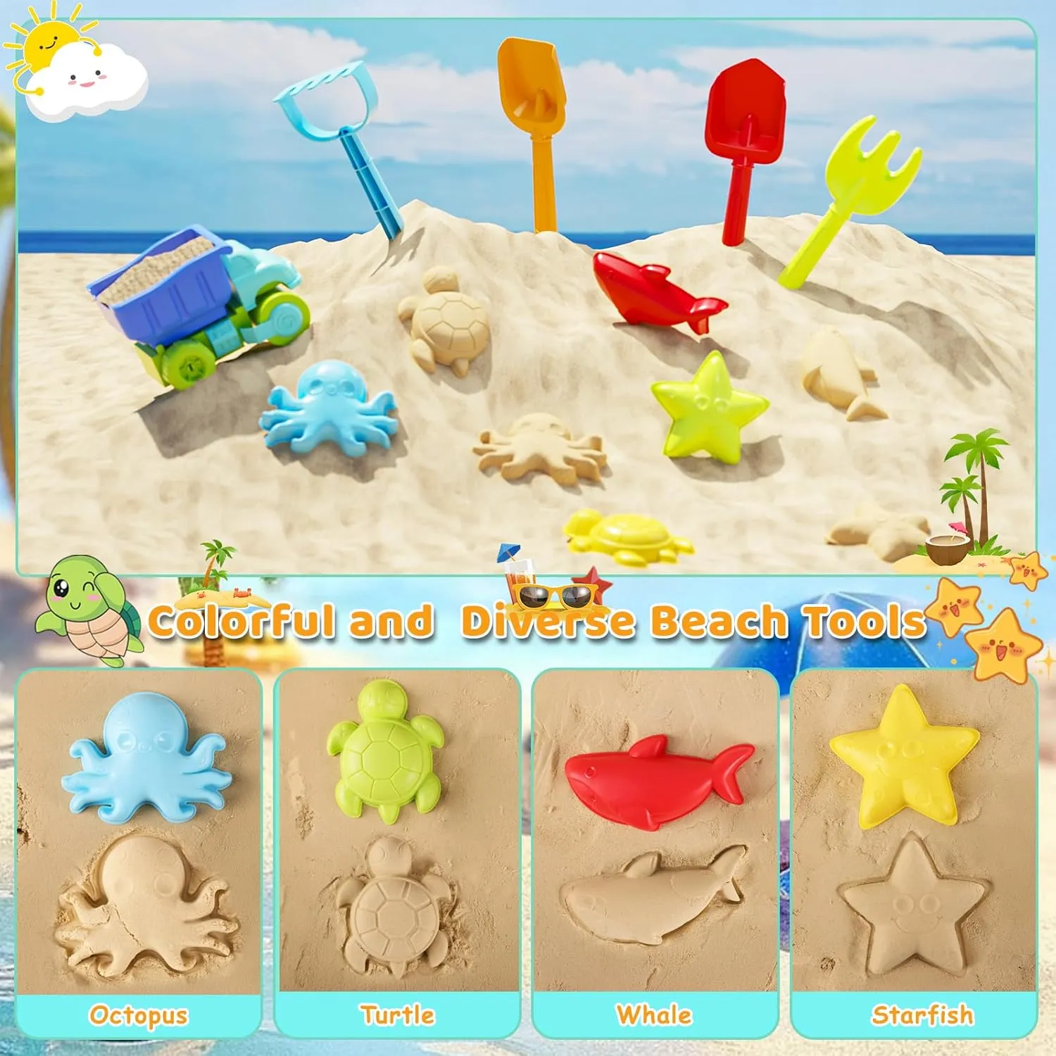 Turtle Sandbox with Lid & Adjustable Umbrella, Kids Sand Box with Sand Molds and Shovels Set for Sensory Play, Toddler Outdoor Indoor Toys for Boys Girls Ages 3  (Blue)