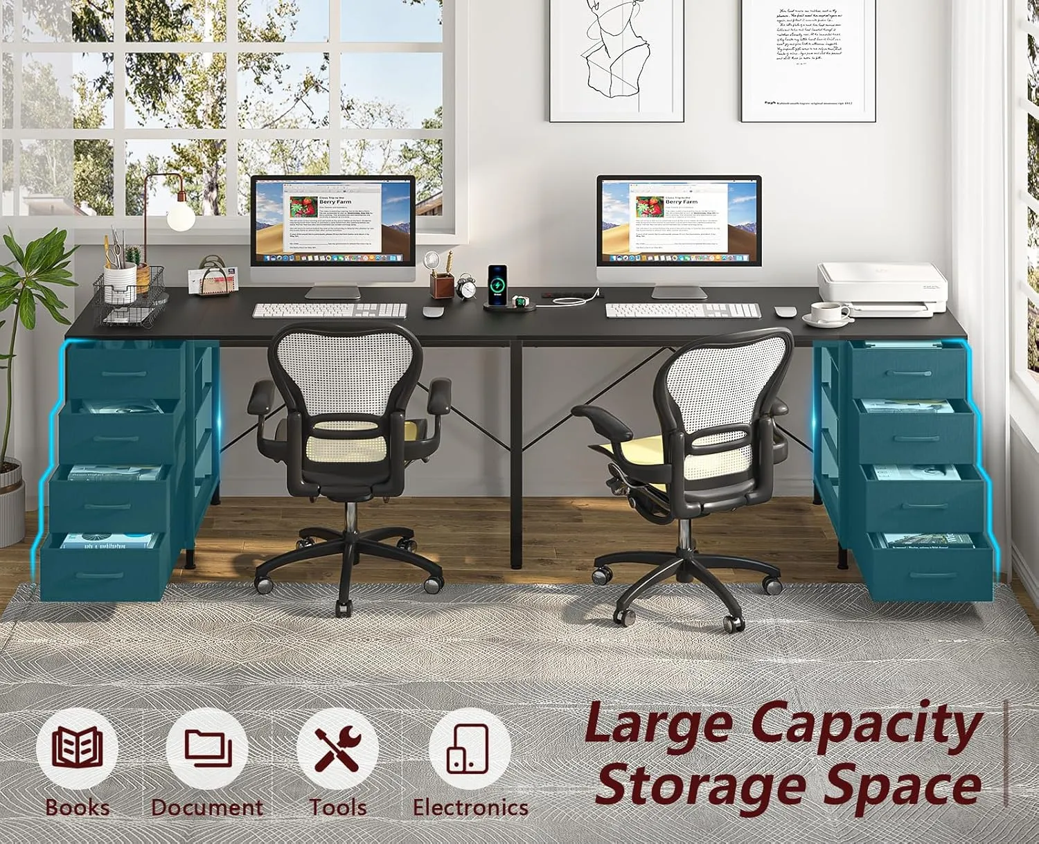 TVU 95" 2 Person Desk with 8 Drawers, Large Writing Home Office Desks with Outlets, I Shaped Workstation Double Desk Drawer Organizers