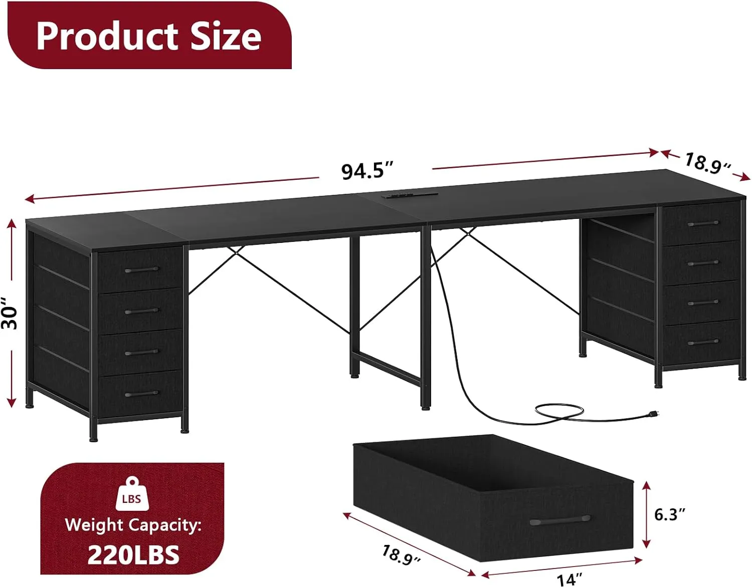 TVU 95" 2 Person Desk with 8 Drawers, Large Writing Home Office Desks with Outlets, I Shaped Workstation Double Desk Drawer Organizers