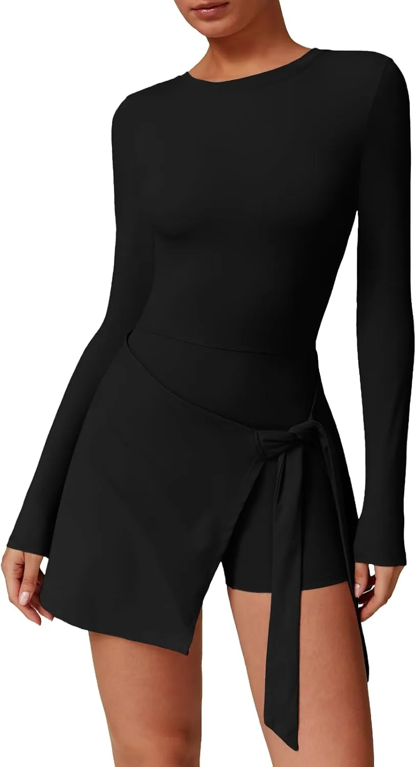 Two-in-One Mock Layered Sports Dress Workout Rompers Mini Tennis Dress Breathable Activewear