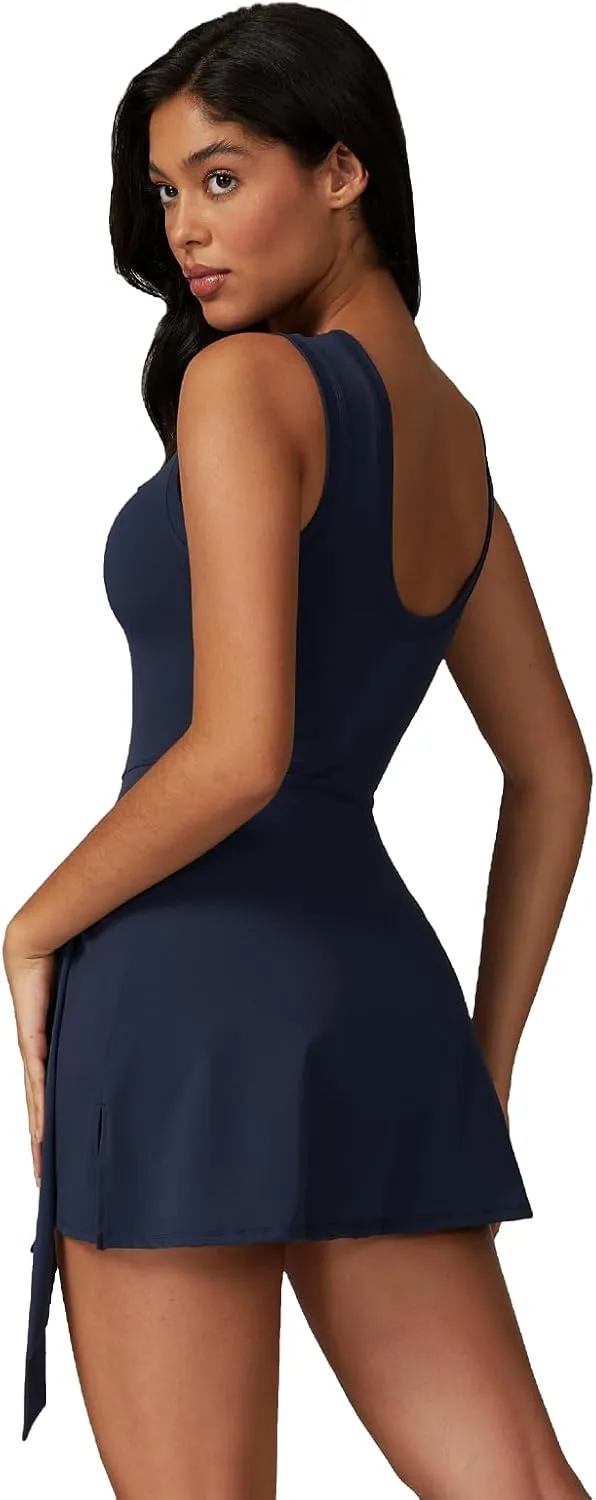 Two-in-One Mock Layered Sports Dress Workout Rompers Mini Tennis Dress Breathable Activewear