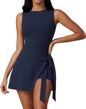 Two-in-One Mock Layered Sports Dress Workout Rompers Mini Tennis Dress Breathable Activewear