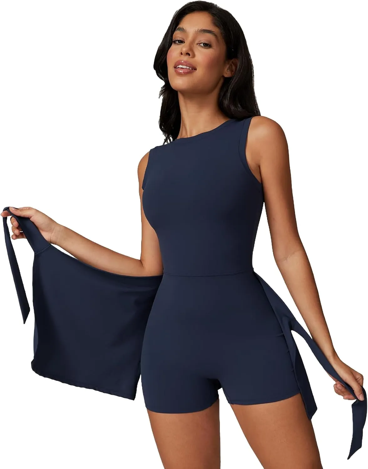 Two-in-One Mock Layered Sports Dress Workout Rompers Mini Tennis Dress Breathable Activewear