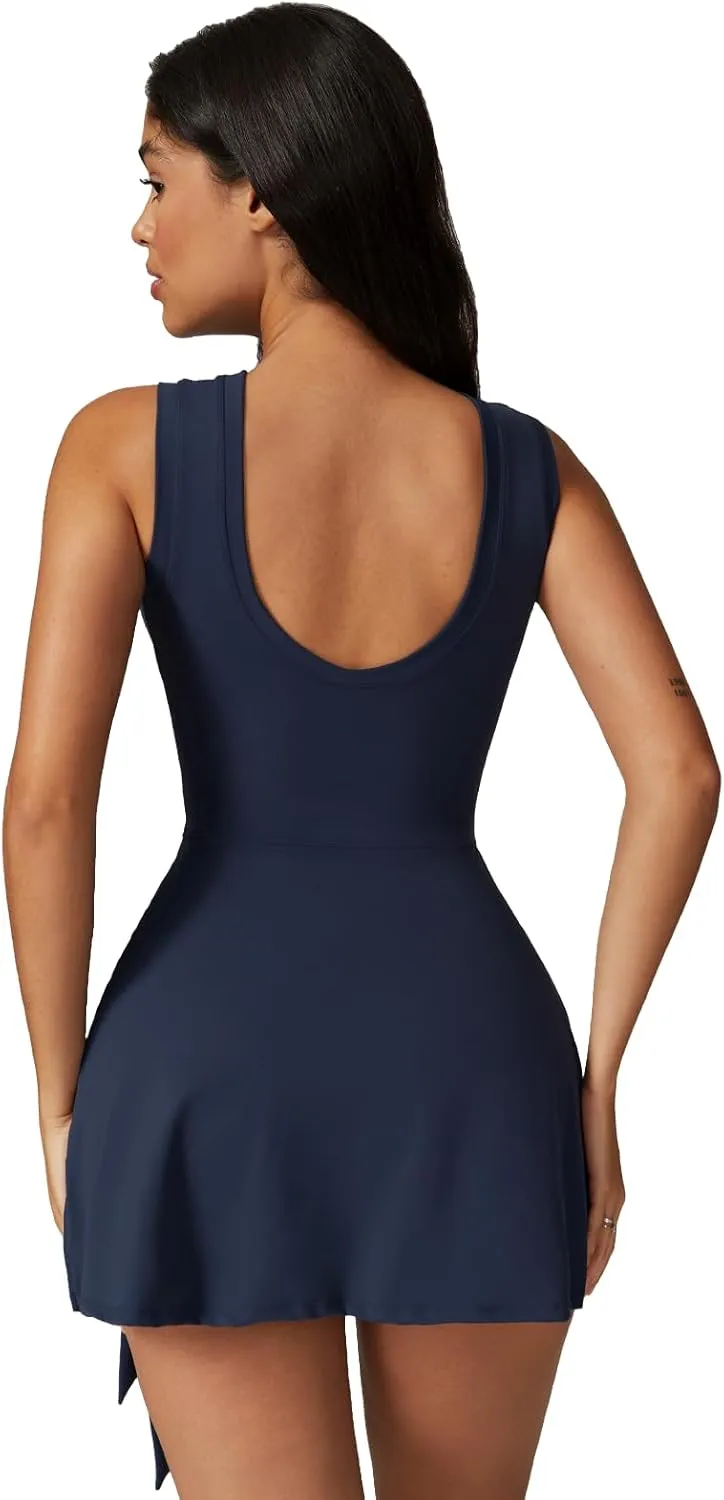 Two-in-One Mock Layered Sports Dress Workout Rompers Mini Tennis Dress Breathable Activewear