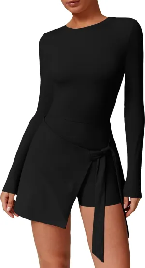 Two-in-One Mock Layered Sports Dress Workout Rompers Mini Tennis Dress Breathable Activewear