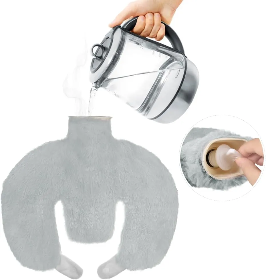 U Shaped Hot Water Bottle for Neck Shoulder Pain Relief 1L Soft Rubber Hot Water Bag with Plush Cover Winter Neck Wrap Warmer Hot/Cold Water Wrap Pillow for Menstrual Cramps Stomach Aches (Grey)