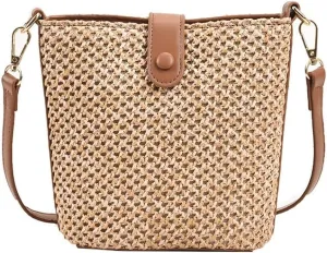 Ulisty Women Small Faux Straw Bag Mini Woven Bucket Bag Summer Beach Bag Fashion Crossbody Bag Shoulder Bag Handbag