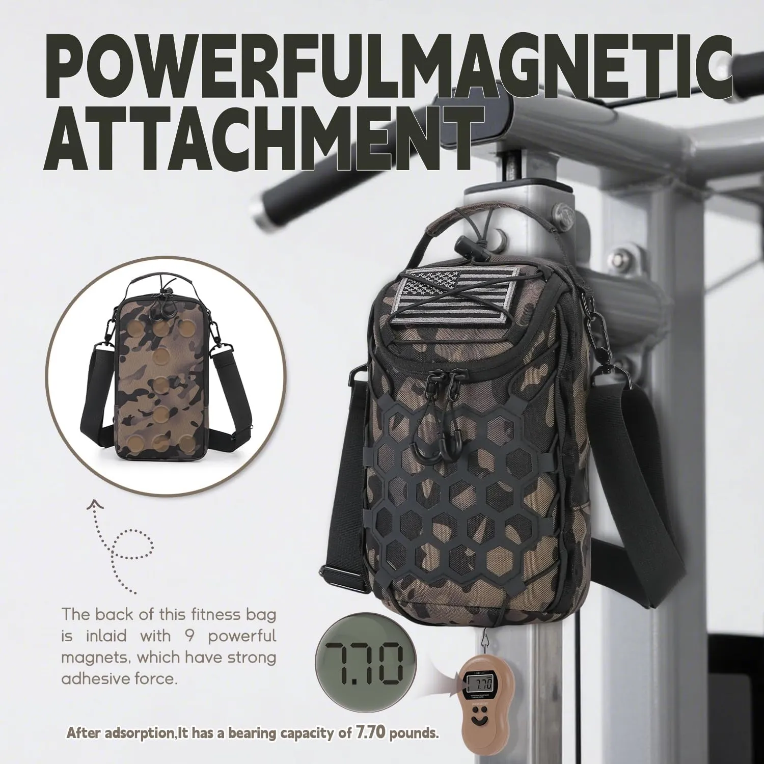 Ultra-Strong Magnetic Gym Bag - Versatile Fitness, Work, Travel & Sports Backpack with Stylish Design, Durable Material & Multi-Size Water Bottle Holder (Camo)