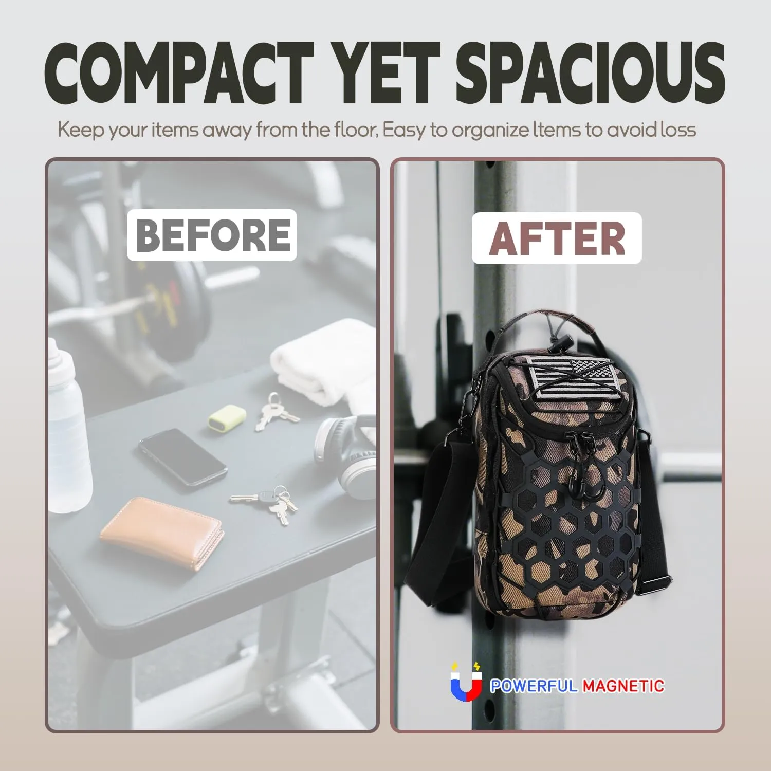 Ultra-Strong Magnetic Gym Bag - Versatile Fitness, Work, Travel & Sports Backpack with Stylish Design, Durable Material & Multi-Size Water Bottle Holder (Camo)
