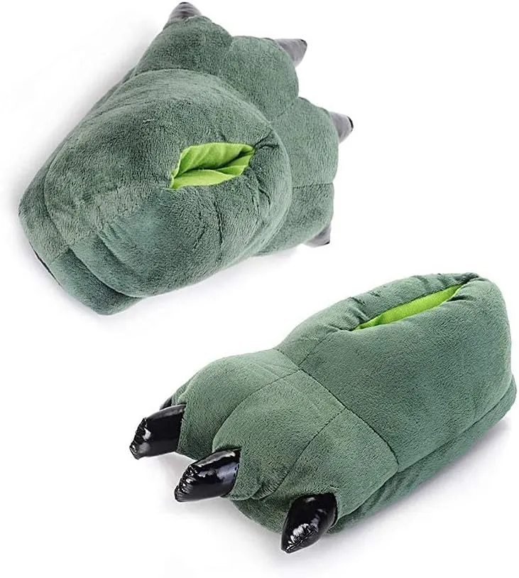 Unisex Plush Animal Paw Slippers - Fuzzy Warm House Shoes with Dinosaur Paw & Claw Design