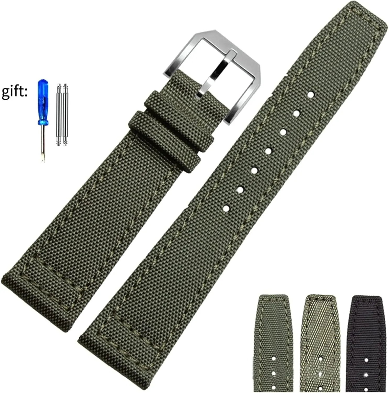 Universal Strap,20/21/22mm Men Military Sports Nylon Canvas Watchband Polished Pin Clasp Watch Bracelet Wristband(Black Silvery Clasp,21mm)