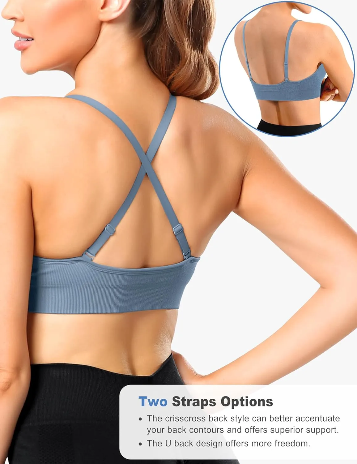 V-Neck Sports Bra for Women Adjustable Strappy Yoga Bra Spaghetti Strap Padded Workout Bra S-XL Low Impact Seamless Bralettes