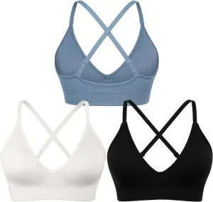 V-Neck Sports Bra for Women Adjustable Strappy Yoga Bra Spaghetti Strap Padded Workout Bra S-XL Low Impact Seamless Bralettes