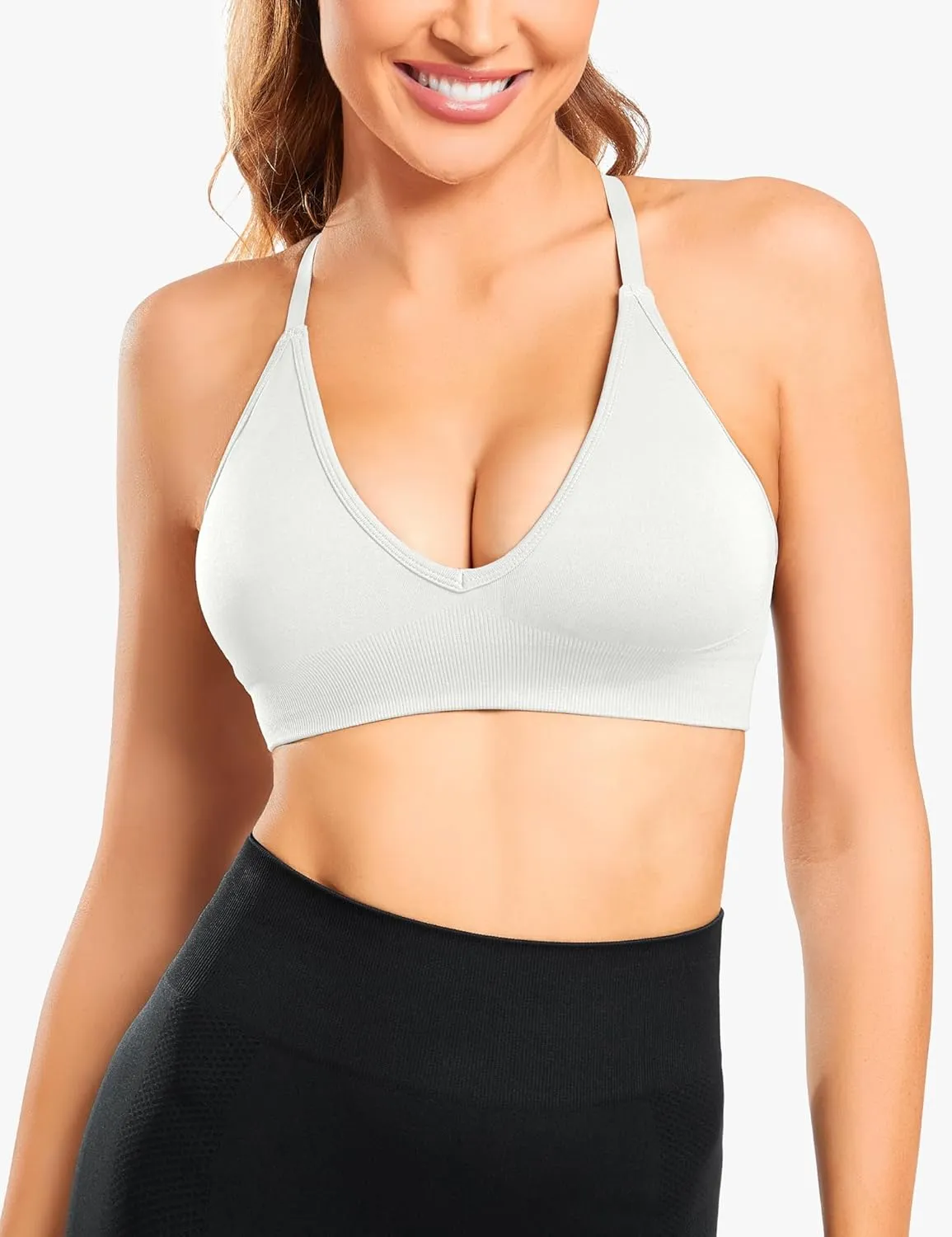 V-Neck Sports Bra for Women Adjustable Strappy Yoga Bra Spaghetti Strap Padded Workout Bra S-XL Low Impact Seamless Bralettes