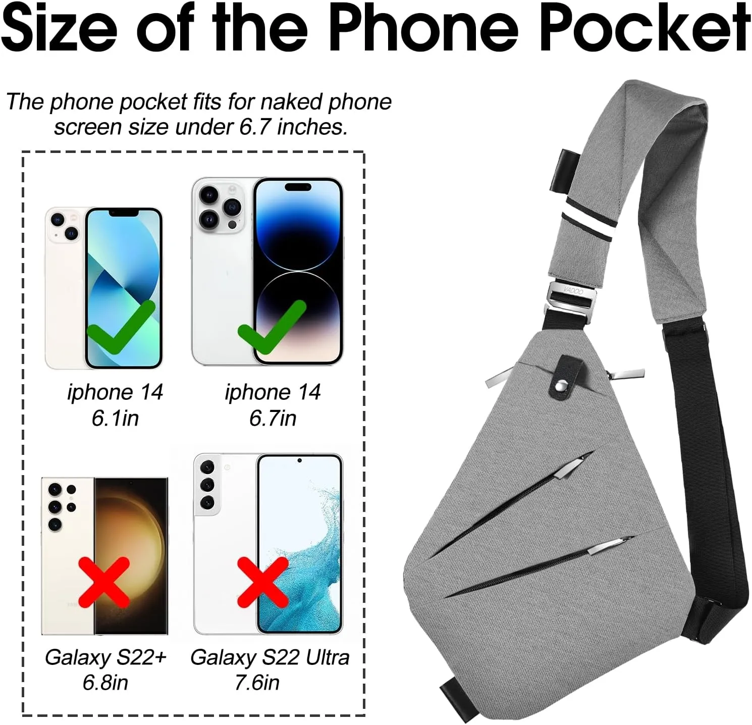 VADOO Anti-theft Crossbody Bags for Women, Shoulder Sling Bag for Men Lightweight Chest Bag for Travel Sport