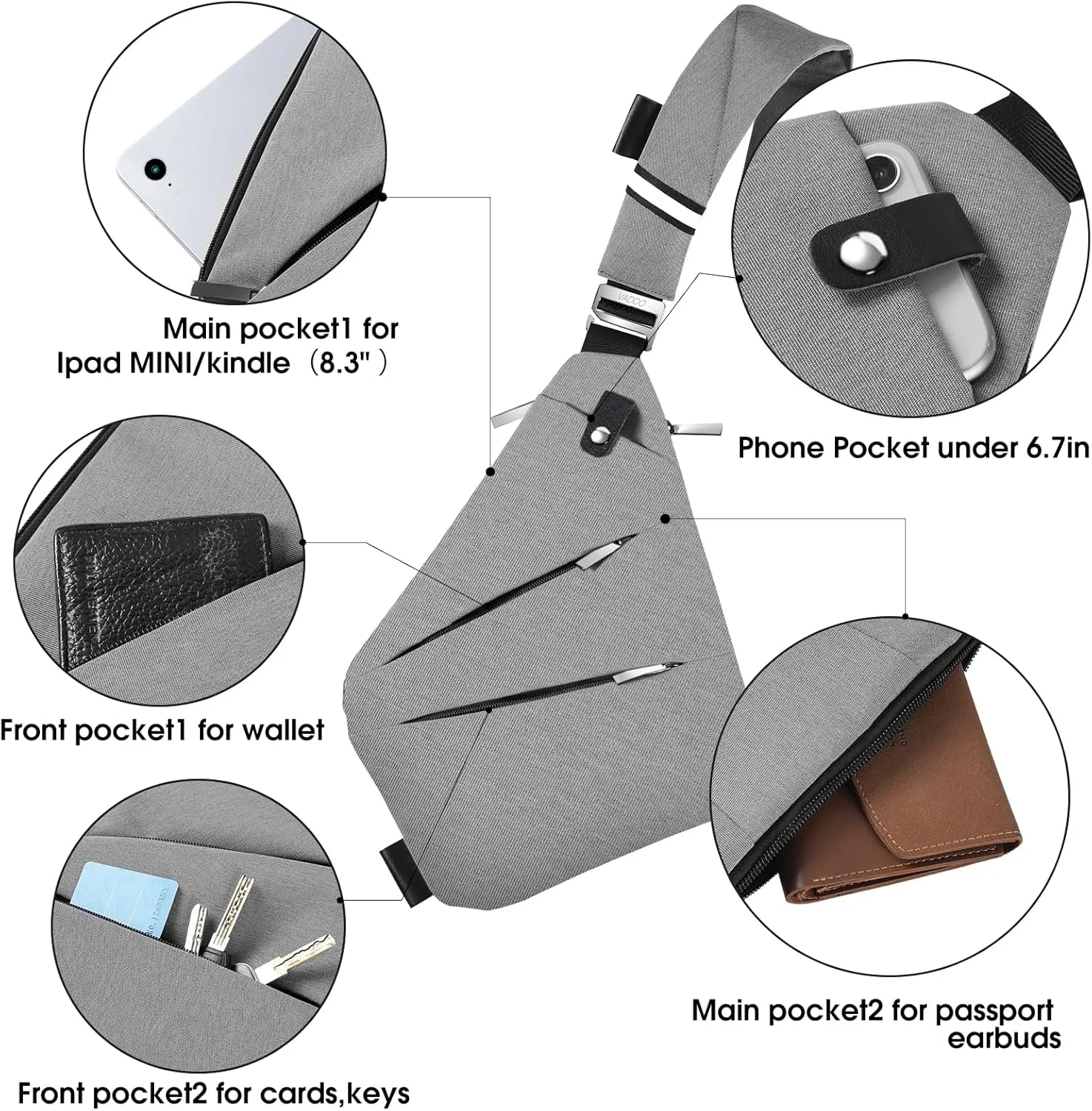 VADOO Anti-theft Crossbody Bags for Women, Shoulder Sling Bag for Men Lightweight Chest Bag for Travel Sport