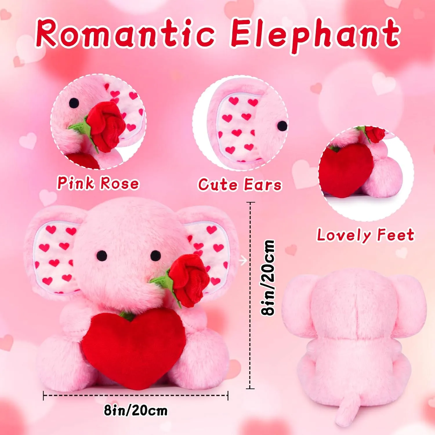 Valentines Plush - Elephant Stuffed Animals for Kids, Cute Pink Heart Elephant Plush Toy for Holiday, Valentines Day Gifts for Girlfriend Boyfriend
