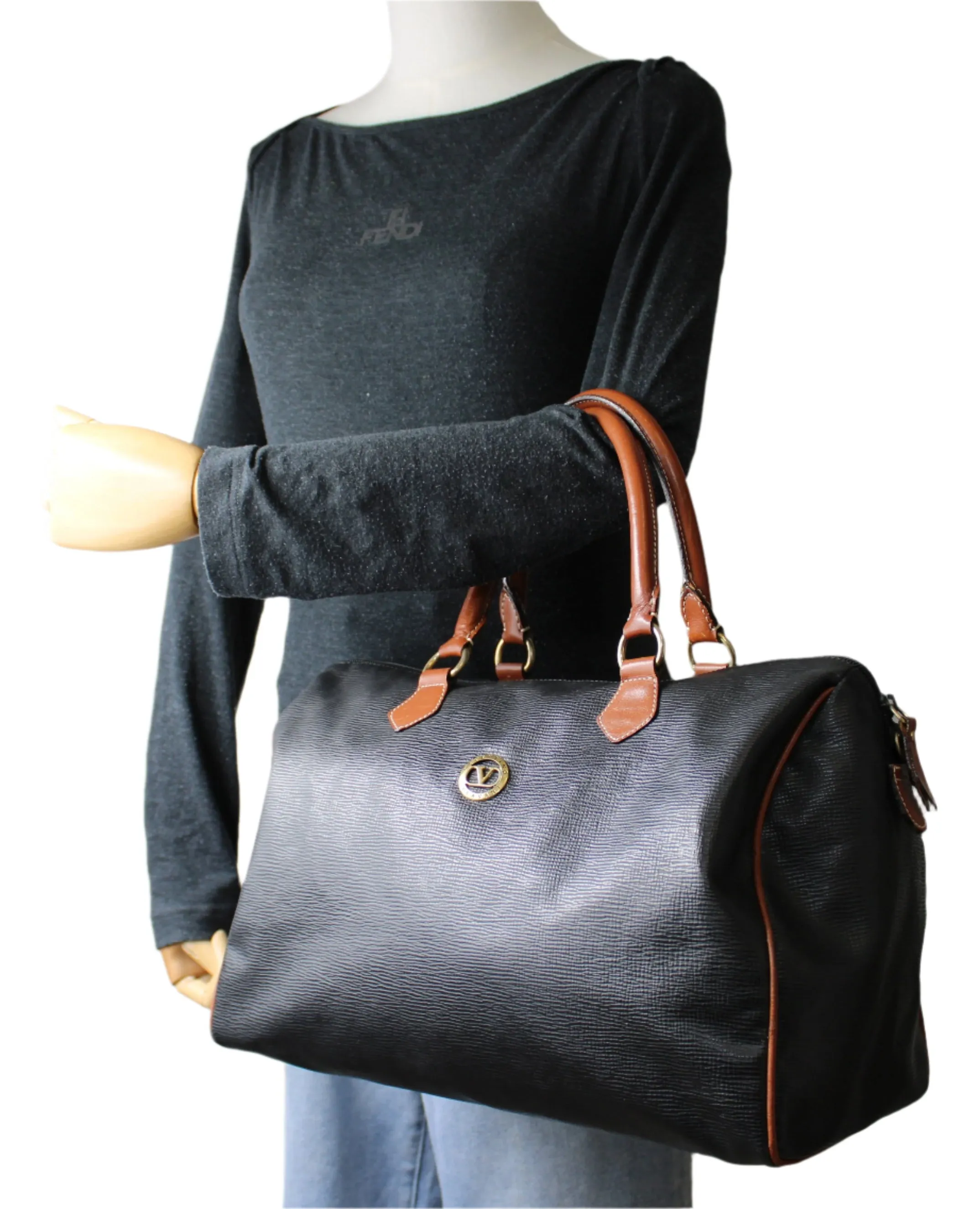 Valentino Garavani Black and Brown Leather Boston Bag