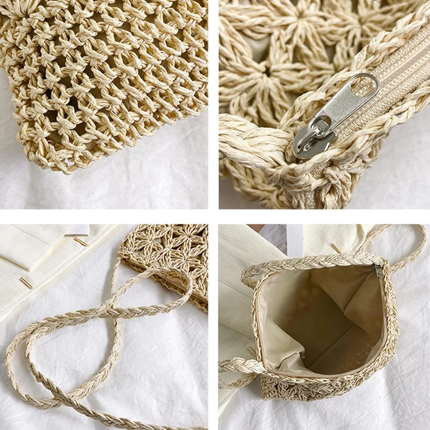 Van Caro Handwoven Cotton Straw Shoulder Bag Crochet Tassel Beach Bohemian Purse for Women