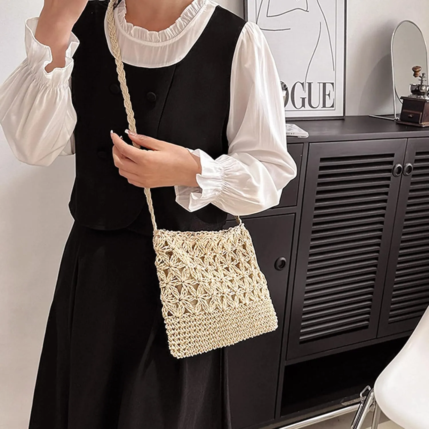 Van Caro Handwoven Cotton Straw Shoulder Bag Crochet Tassel Beach Bohemian Purse for Women