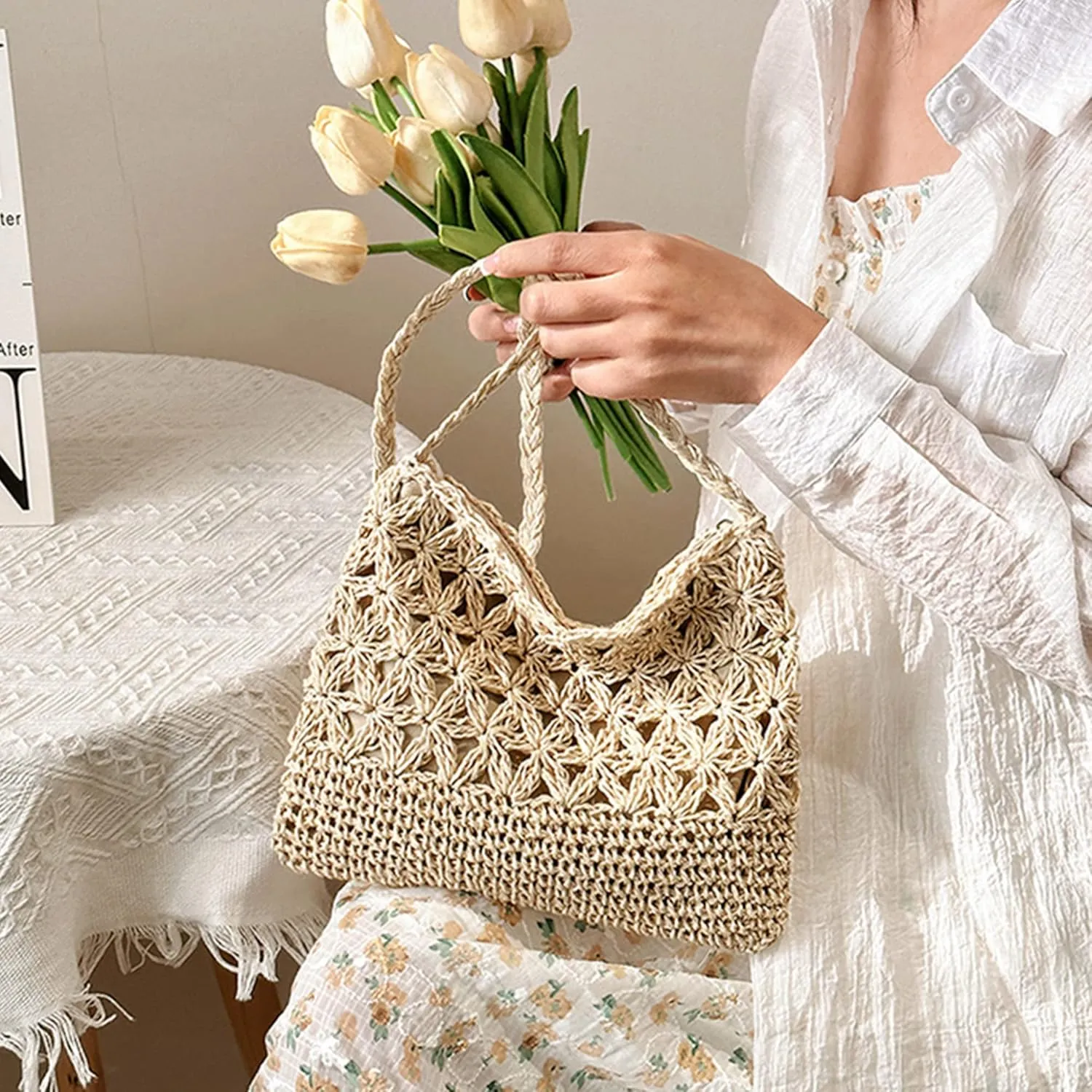 Van Caro Handwoven Cotton Straw Shoulder Bag Crochet Tassel Beach Bohemian Purse for Women