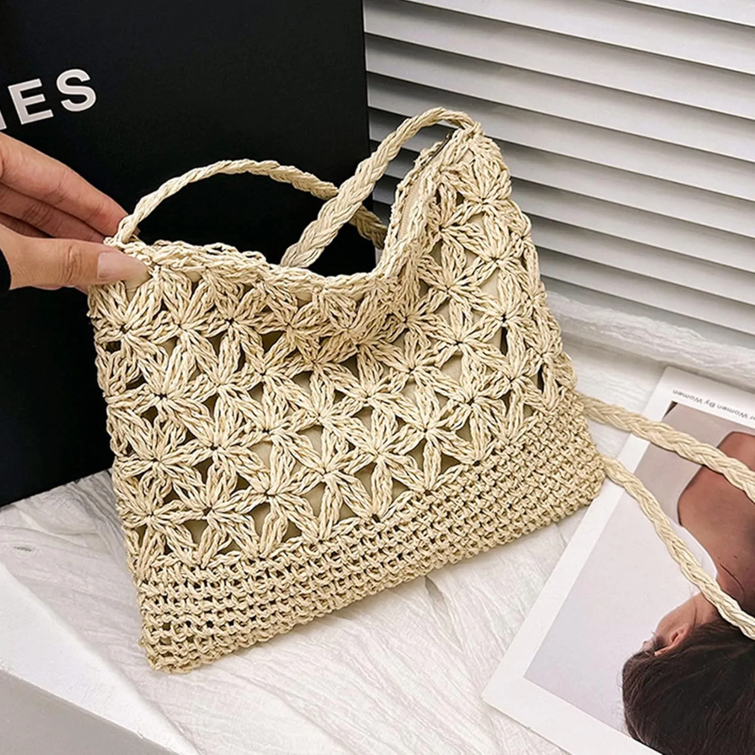 Van Caro Handwoven Cotton Straw Shoulder Bag Crochet Tassel Beach Bohemian Purse for Women