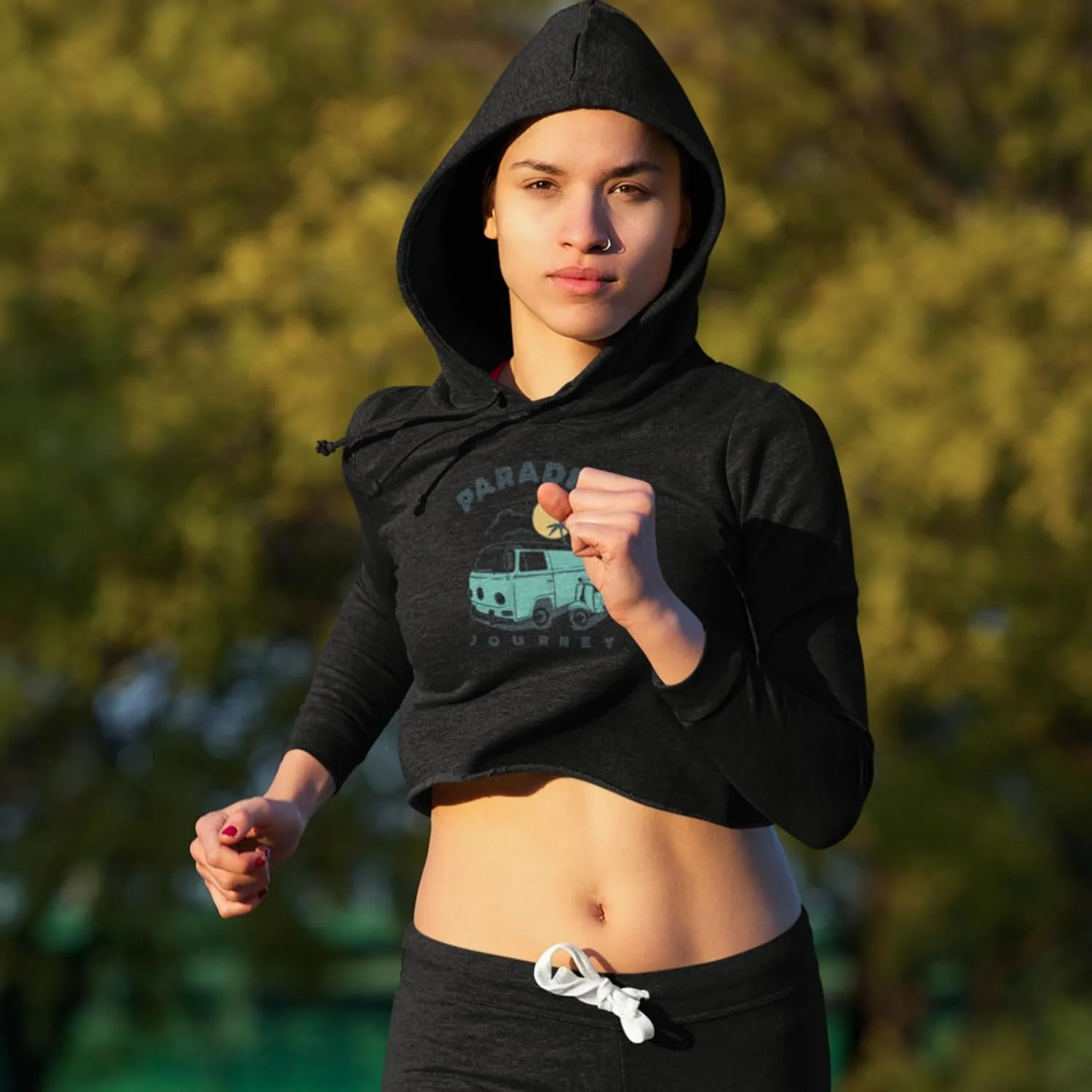 Van Print Paradise Journey Cropped Hoodie, Streetwear Sweatshirt, For Women's.