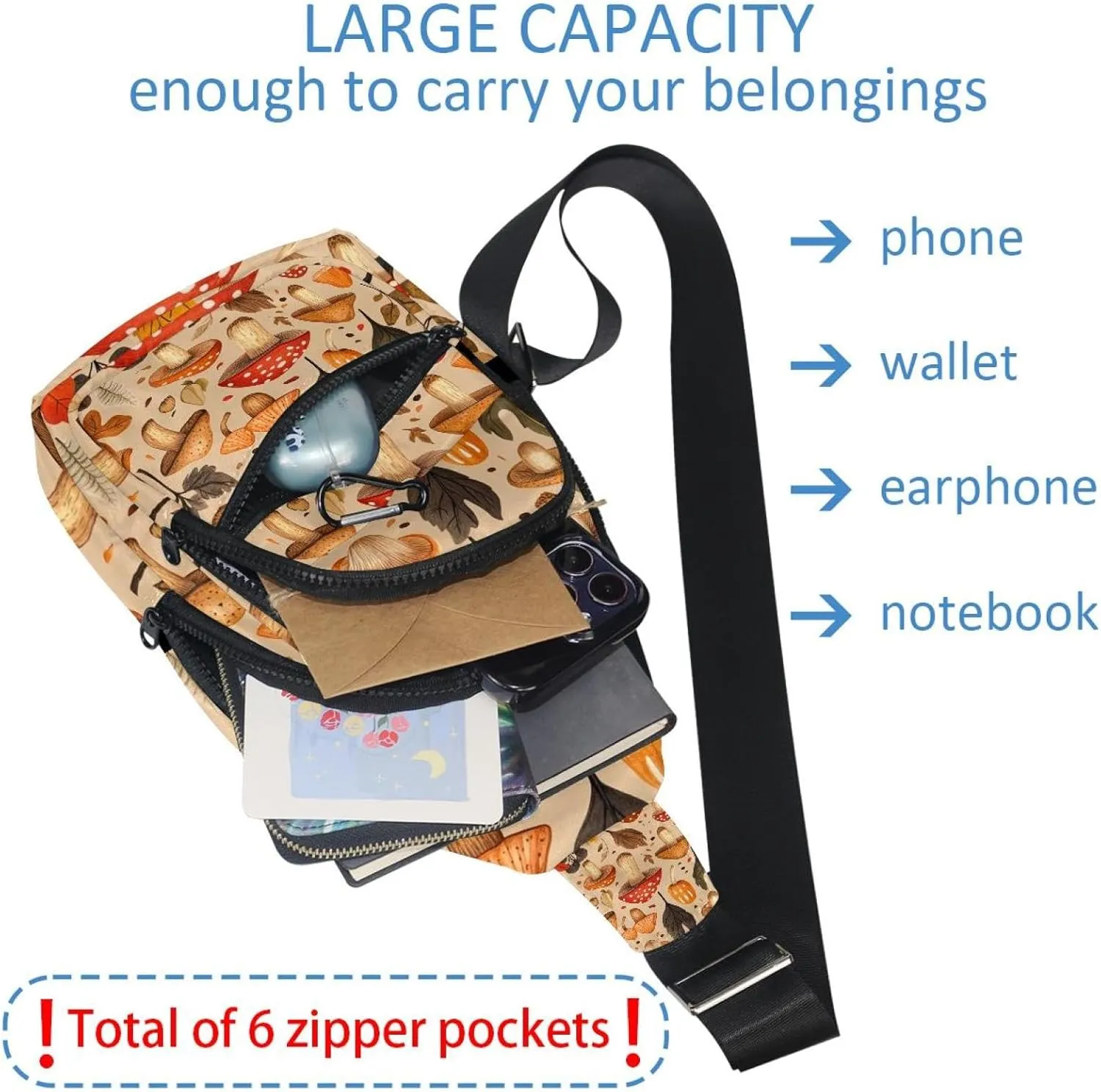 various mushroom Crossbody Sling Backpack Sling Bag Travel Hiking Chest Bag Daypack