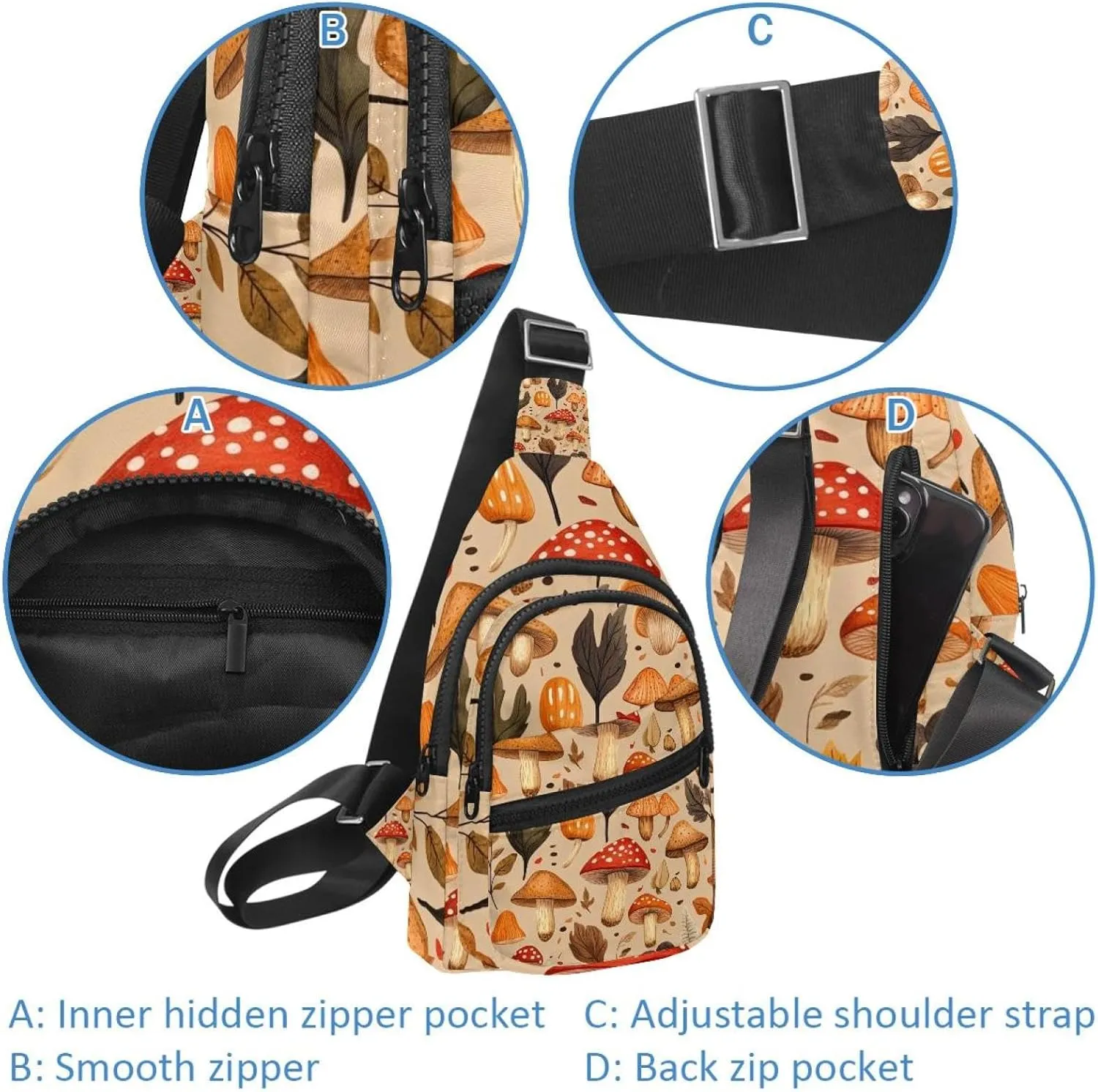 various mushroom Crossbody Sling Backpack Sling Bag Travel Hiking Chest Bag Daypack