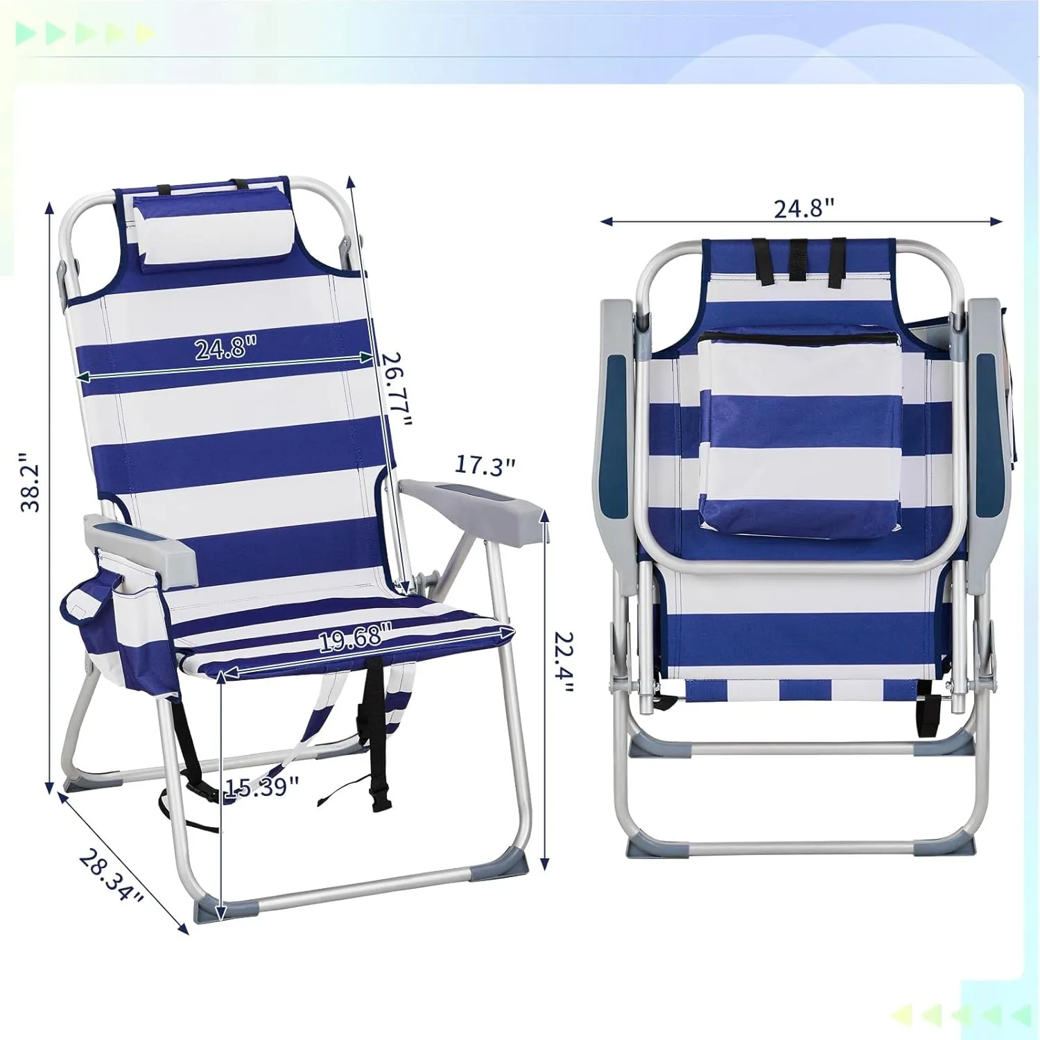 Vasitelan Outdoor Folding Backpack Beach Chair with 5 Positions, Towel bar, Cooler Pouch, Cup Holder,Folding Beach Chair with Backpack Straps (Blue Stripes, Tall)