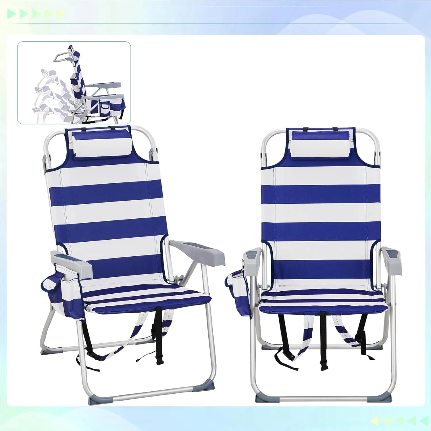 Vasitelan Outdoor Folding Backpack Beach Chair with 5 Positions, Towel bar, Cooler Pouch, Cup Holder,Folding Beach Chair with Backpack Straps (Blue Stripes, Tall)