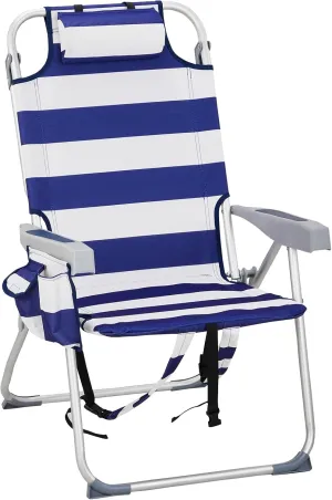 Vasitelan Outdoor Folding Backpack Beach Chair with 5 Positions, Towel bar, Cooler Pouch, Cup Holder,Folding Beach Chair with Backpack Straps (Blue Stripes, Tall)