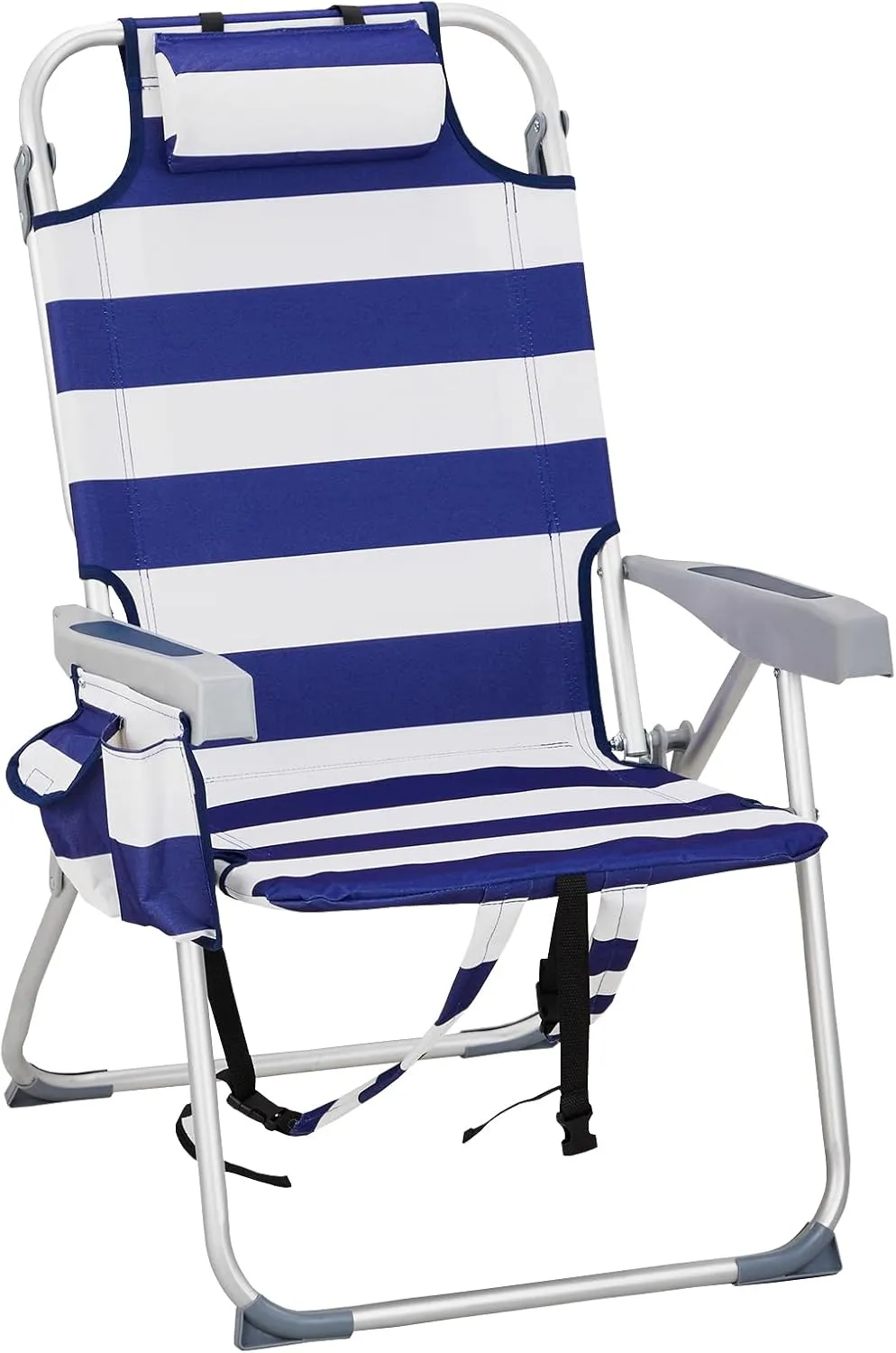 Vasitelan Outdoor Folding Backpack Beach Chair with 5 Positions, Towel bar, Cooler Pouch, Cup Holder,Folding Beach Chair with Backpack Straps (Blue Stripes, Tall)
