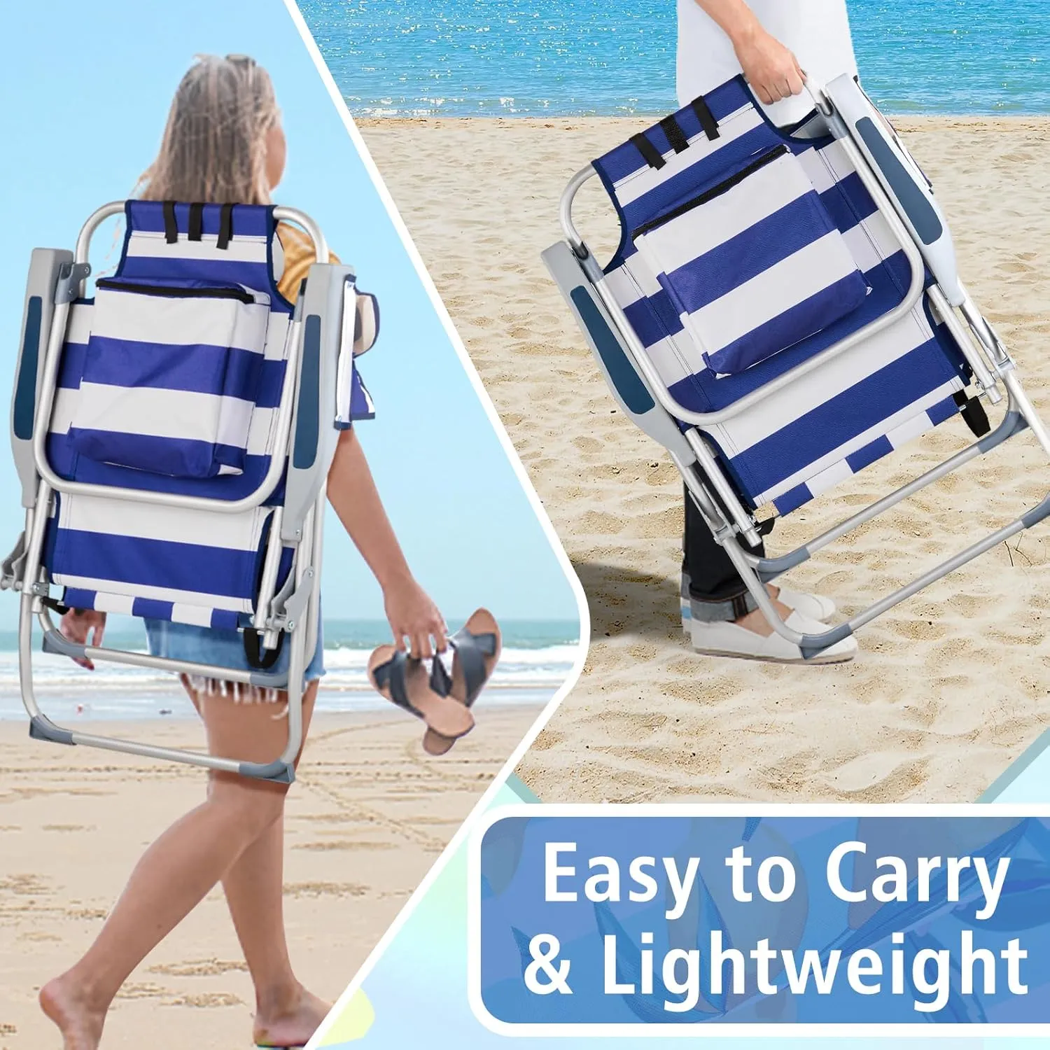 Vasitelan Outdoor Folding Backpack Beach Chair with 5 Positions, Towel bar, Cooler Pouch, Cup Holder,Folding Beach Chair with Backpack Straps (Blue Stripes, Tall)