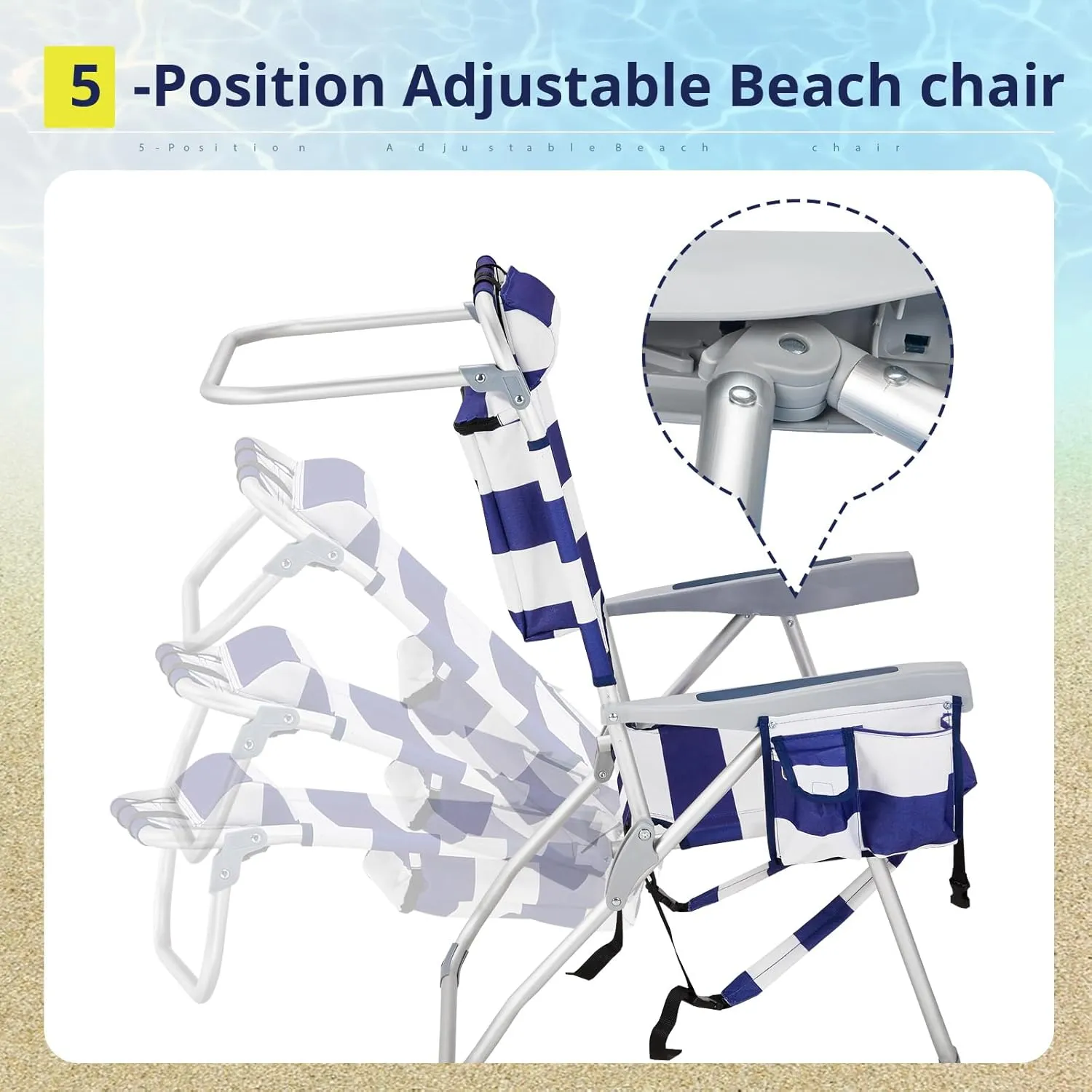 Vasitelan Outdoor Folding Backpack Beach Chair with 5 Positions, Towel bar, Cooler Pouch, Cup Holder,Folding Beach Chair with Backpack Straps (Blue Stripes, Tall)